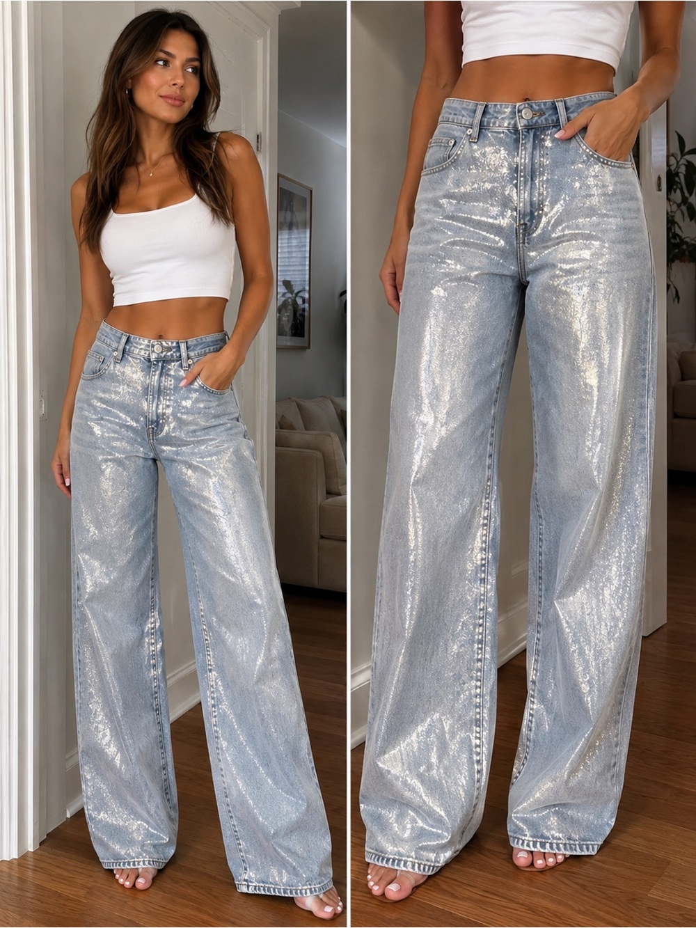 American Eagle Super High-Rise Baggy Wide Leg Metallic Silver Jeans Size 12 Long